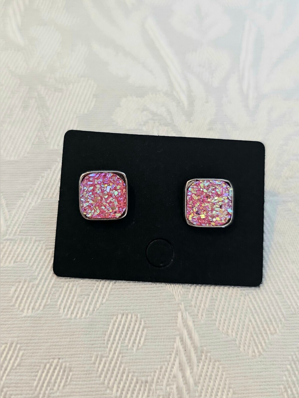 Vibrant Pink Sparkle Square Druzy Stud Earrings with Iridescent Coating